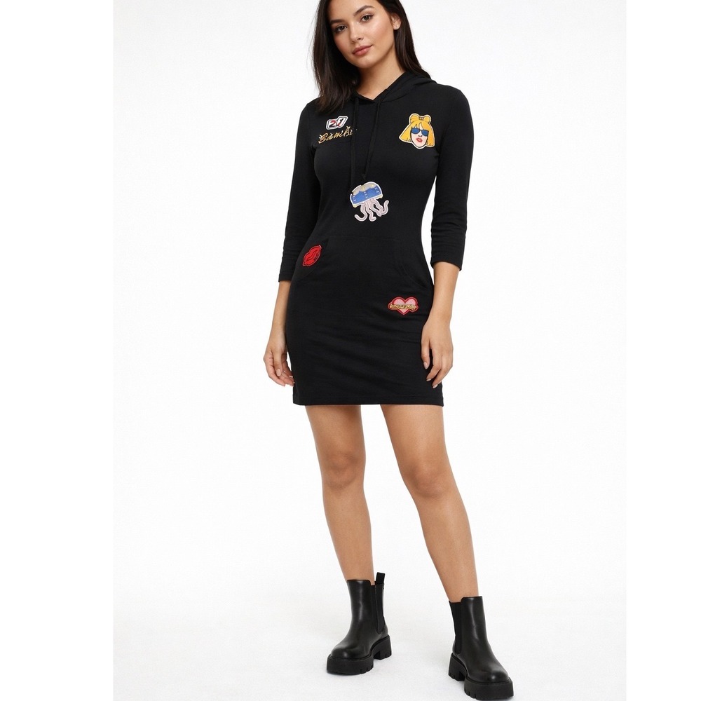 Goodtime USA Black Patch Graphic Hoodie Dress 3/4 Sleeve Womens Size‎ Medium